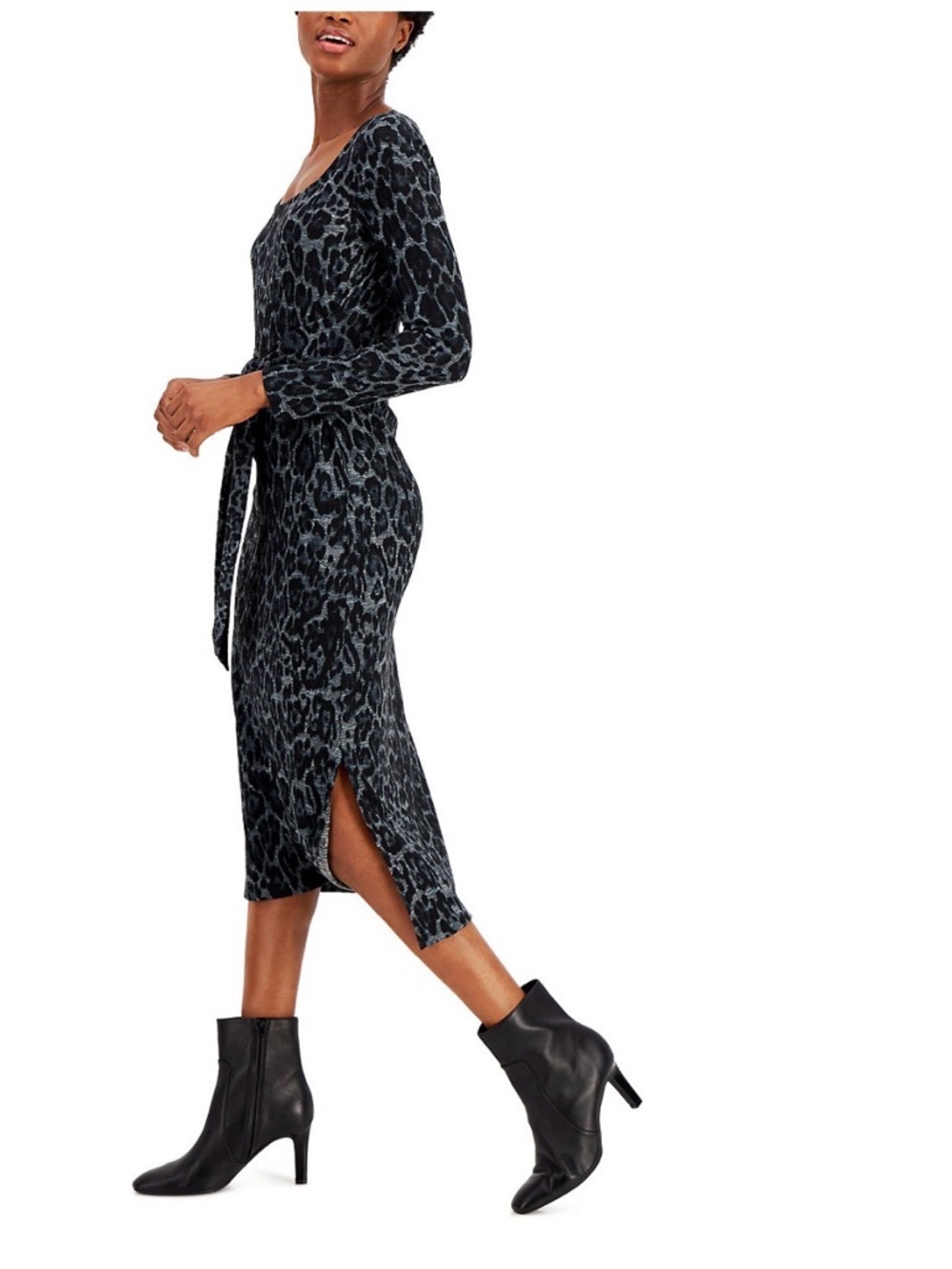 Nine West Black animal -Print Long Sleeve Midi Dress - Picture 3 of 7